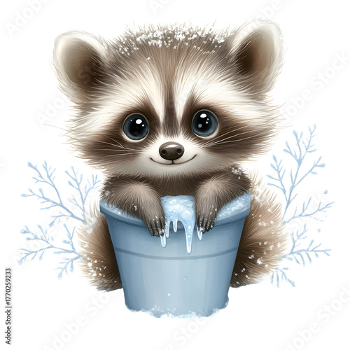 Happy cute baby raccoon animal with bucket during winter with snow. Adorable charming creature with big eyes smiling