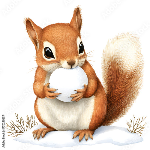 Cute baby squirrel holding snowball in festive winter scene. Happy animal character ready for playing in snow
