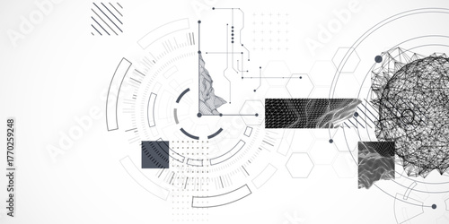 Technological art. Combination of sphere with technological lines and circles in one illustration.