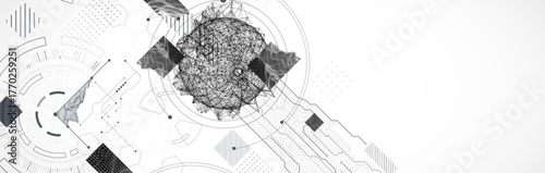 Technological art. Combination of sphere with technological lines and circles in one illustration.