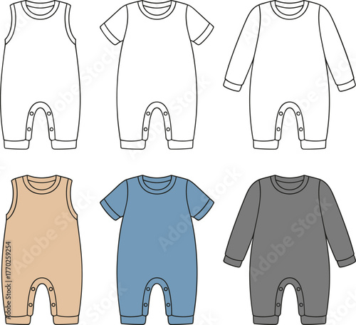 Baby romper vector template set, newborn bodysuit fashion flat sketch, infant jumpsuit clothing CAD mockup, unisex babywear design illustration