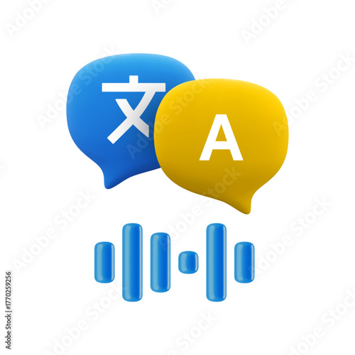 Vector cartoon 3d language audio translation icon. Realistic 3d render foreign text message speech bubbles with sound waveform. Artificial intelligence voice recognition and translation symbol.