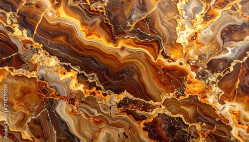 Brown marble texture with gold veins creates a striking abstract pattern perfect for backgrounds or designs.