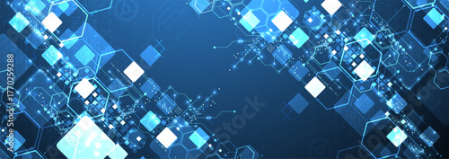 A technical background using technological lines, squares, and hexagons combined into an art composition.