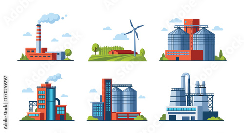 Flat design collection of industrial, agricultural, and energy production facilities, including factories, farm buildings, and silos.