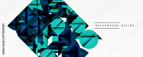 Abstract geometric shapes form dynamic composition. Blue, teal hues dominate design, creating modern aesthetic. Minimalist style.