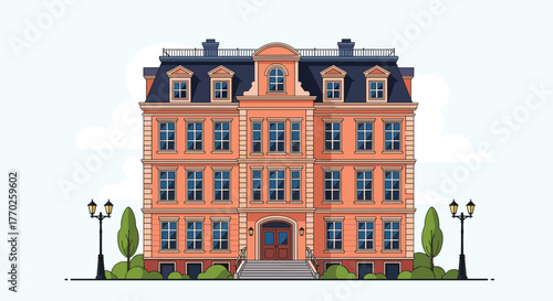 Symmetrical and ornate classical building with a grand entrance and Mansard roof, surrounded by streetlights and trees under a clear sky.