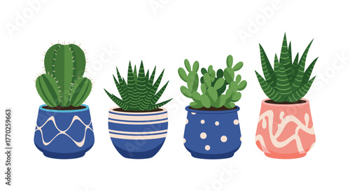 A charming collection of various potted cacti and succulents, each nestled in a unique and vibrantly patterned ceramic pot.