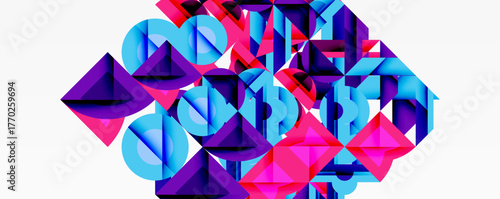 Abstract geometric shapes, vibrant colors, layered design. Pink, purple, cyan create dynamic composition. Modern digital art.