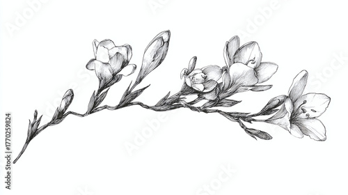 Elegant monochrome depiction of a freesia flower branch