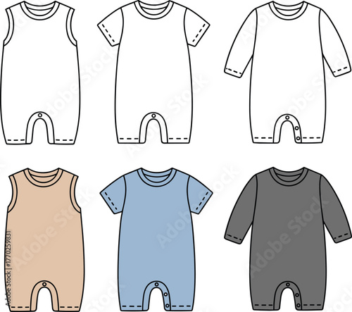 Baby romper vector template set, newborn jumpsuit bodysuit fashion flat sketch, infant unisex clothing mockup, babywear CAD design illustration