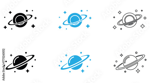ringed planet with scattered star vector illustration, solar system silhouette and line art vector