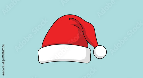 A simple, festive illustration of a classic red Santa hat with a white brim and pompom, set against a light blue background, perfect for holiday designs.