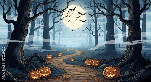 Spooky Halloween forest pathway lined with glowing pumpkins under a full moon with silhouetted bats flying overhead