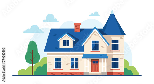 A charming suburban house with a blue roof and an elegant turret, surrounded by lush green landscaping under a cloudy sky.