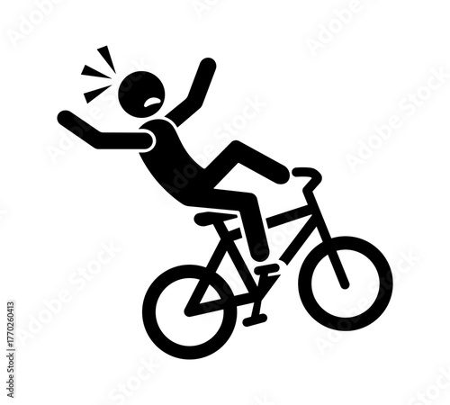 Falling Cyclist Icon - Stickman Falling Off Bicycle, Accident Symbol, Safety Warning Vector, Simple Black Silhouette on White Background.