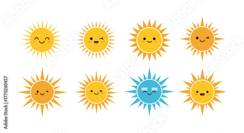 Cute cartoon suns with various happy and winking expressions, including one cool blue sun, on a white background, perfect for summer or weather concepts.