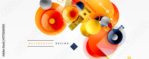 Abstract geometric shapes, vibrant colors, modern design elements. Overlapping circles, squares create dynamic composition. Background suggests technology, innovation.