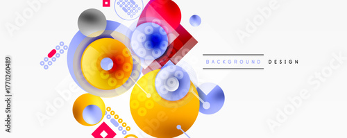 Abstract colorful shapes overlap, creating dynamic composition. Circles, squares, gradients define modern design elements. Minimalist aesthetic.