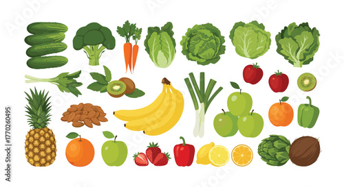 A vibrant and diverse collection of fresh fruits, vegetables, nuts, and healthy plant-based ingredients for nutritious eating and balanced diets.