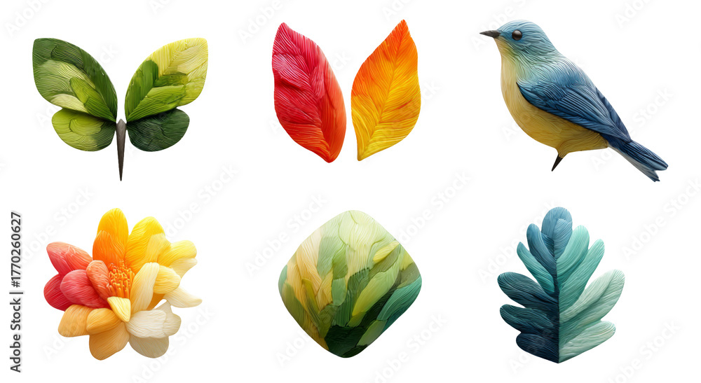 Obraz premium Colorful Leaves and Birds in Creative Art Style with Transparent Background