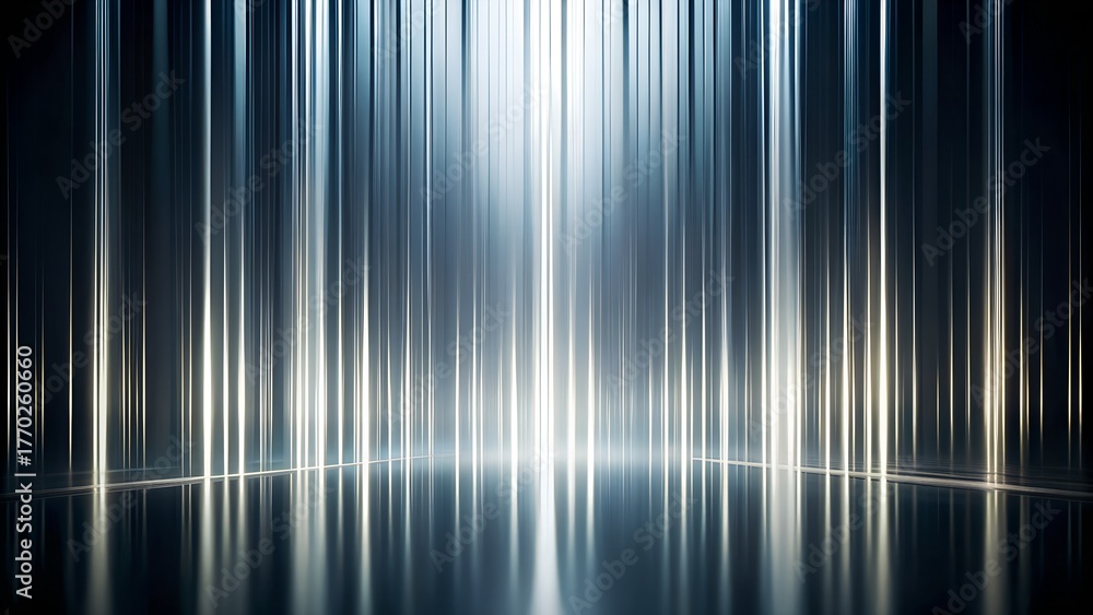 Fototapeta premium 3d illustration of abstract vertical light streaks creating a futuristic, metallic tunnel effect with reflections