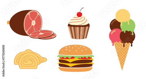 An assortment of popular comfort and fast foods featuring ham, a cupcake, ice cream cone, potato chips, and a double cheeseburger.