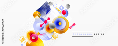 Abstract colorful shapes overlap, creating dynamic composition. Circles, squares, lines form modern design elements. Light background enhances vibrancy.