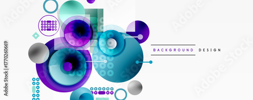 Abstract colorful shapes, circles, squares create modern design. Vibrant hues blend, forming dynamic composition.