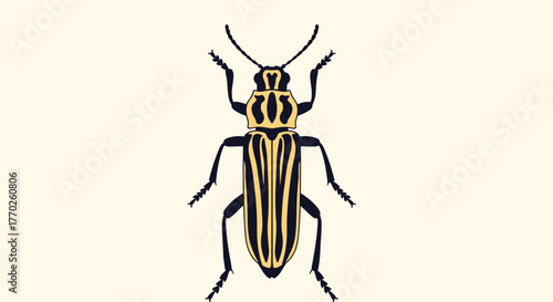 A graphic illustration depicts a yellow and black striped beetle, showcasing its distinctive pattern and common insect features on a plain background.