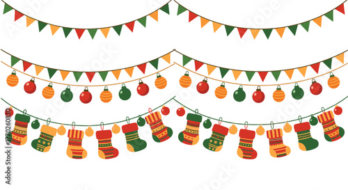 Festive Christmas decorations featuring colorful pennant banners, ornaments, and stockings strung together on white background.