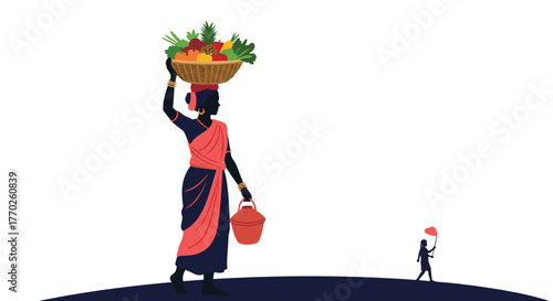 A woman in traditional attire carries a basket of fresh produce on her head and a pot, representing daily life and traditional markets.
