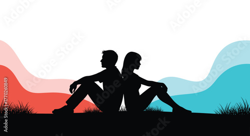 Silhouetted couple sitting back-to-back, contemplating a relationship against abstract colored waves.