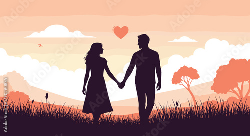 Romantic silhouette of a couple holding hands walking together in a sunset landscape.