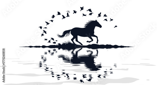 Silhouette of a running horse with a flock of birds in the background, reflected in water, evoking freedom and nature.