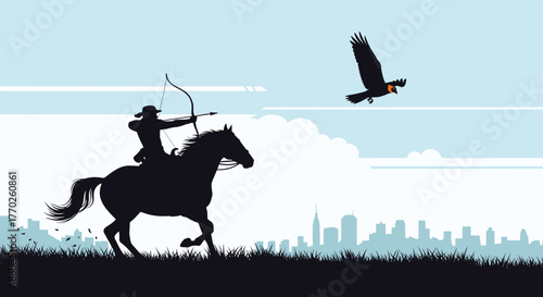 An archer on horseback shoots an arrow at an eagle in flight, with a city skyline in the background.