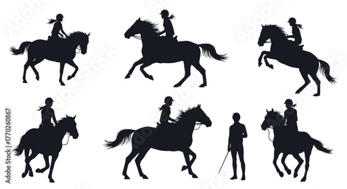 Collection of silhouette images depicting horse riders in various poses and a person with a whip.