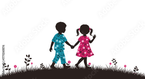 Two children in silhouette walking hand-in-hand through a field of grass and flowers.