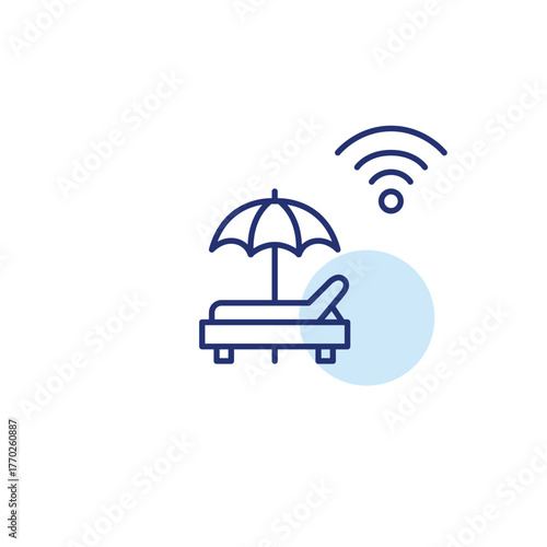 Sun bed and umbrella on the beach and wi-fi. Connected vacation, remote travel management. Pixel perfect, editable stroke vector icon