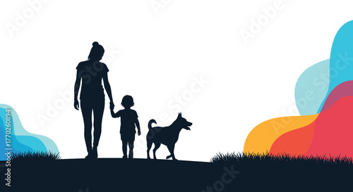 A silhouetted mother and child walk hand-in-hand with their dog across a grassy horizon, set against a vibrant abstract sky.