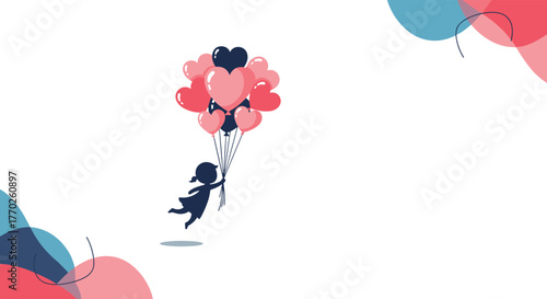 A silhouette of a girl floating away with a bunch of heart-shaped balloons against a white background with colored shapes.