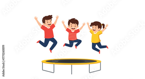 Children joyfully jumping on a trampoline, enjoying outdoor fun and healthy activity in a sunny environment.