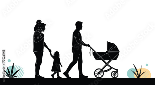Silhouettes of two fathers and their children walking outdoors with a baby stroller.