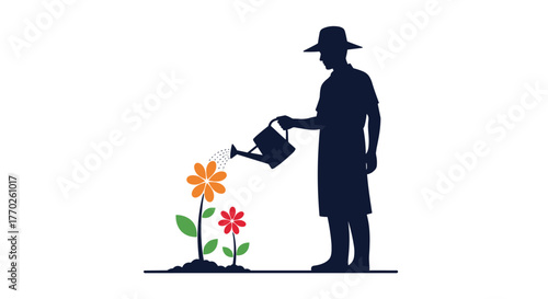 Silhouette of a gardener wearing a hat and watering plants with colorful flowers using a watering can in a garden setting.