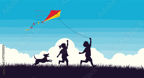 Children and dog enjoying a bright, sunny day flying a colorful kite in a field beneath a blue sky with fluffy white clouds.