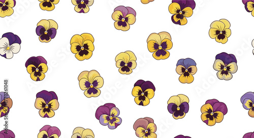 A cheerful and colorful seamless pattern of yellow and purple pansy flowers scattered randomly on a white background, great for textiles and digital projects.