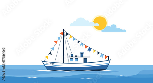 A cheerful illustration of a boat sailing on the sea under a bright sun with festive flags, representing a day of celebration and joy.
