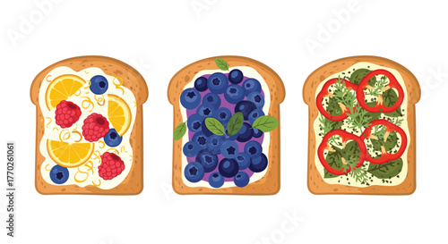 A vibrant display of three unique open-faced toasts, featuring sweet fruit and savory vegetable toppings, perfect for a healthy breakfast or snack.