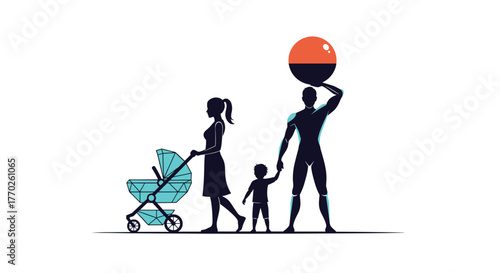 Silhouette of a family with a mother pushing a baby stroller and a father balancing a ball on his head holding his son's hand.