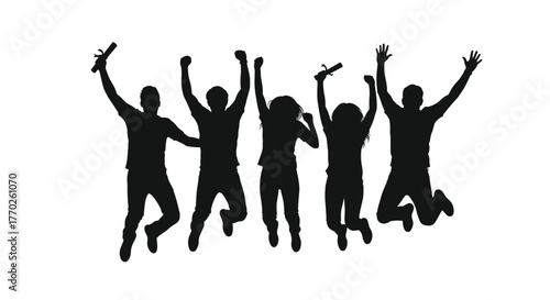 Group of graduates celebrating their achievement with joyous jumps in silhouette against a white backdrop.